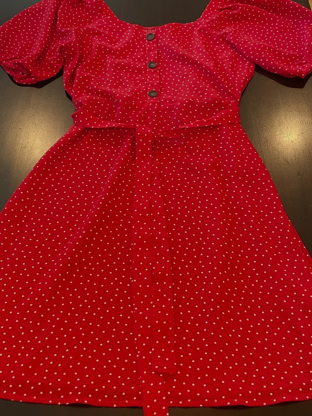 Red Polka Midi Dress with Puff Sleeves and Waist Tie